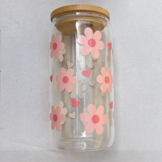 Vaso de cristal con tapa de bambú estampado de flores rosas